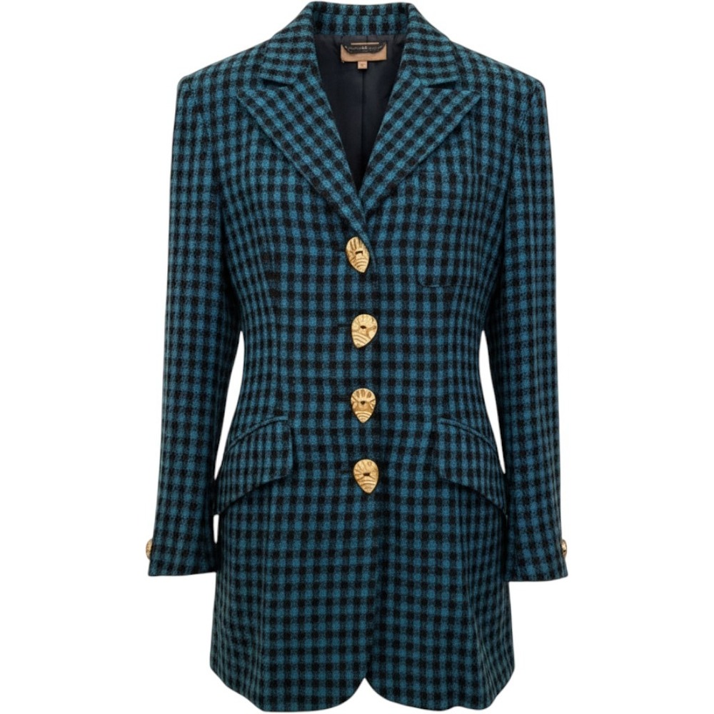 Romeo Gigli 100% Silk Gingham Blazer Blue Black Italian Designer Jacket 42 Small